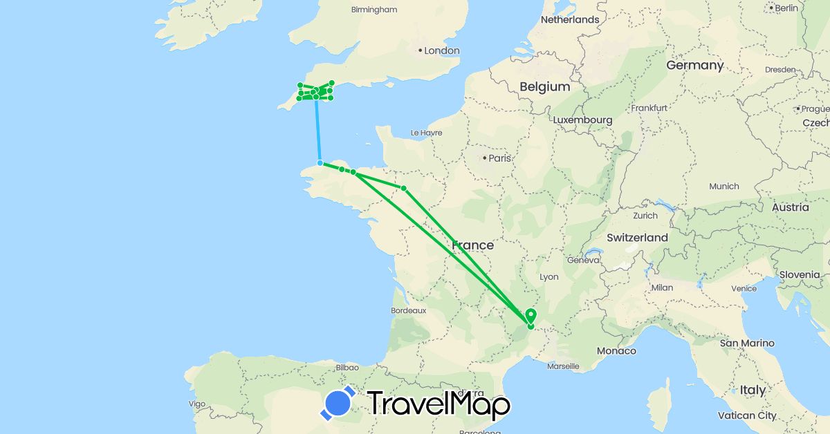 TravelMap itinerary: bus, boat in France, United Kingdom (Europe)